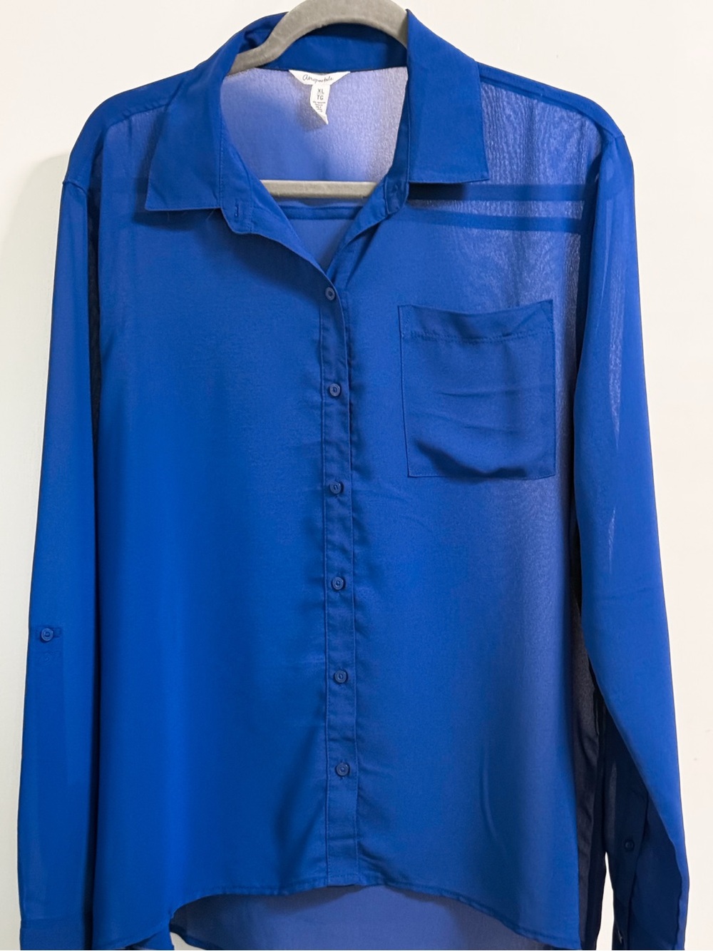 Aeropostale Sheer Blue Button Front Blouse XL Long Sleeve High Low Hem
